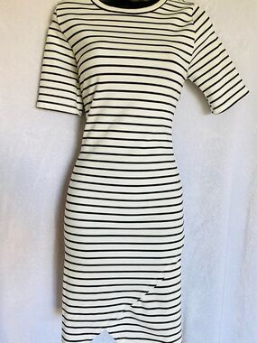 Striped Crewneck Midi Dress in Black and White